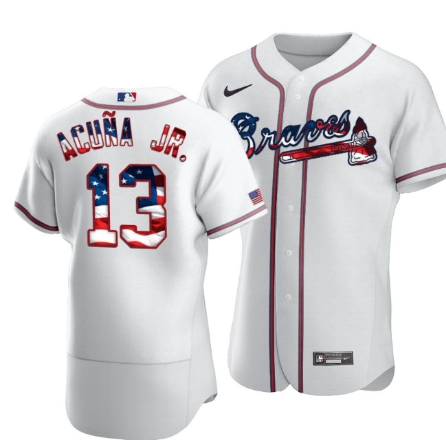 Men's Atlanta Braves #13 Ronald Acuña Jr White 2020 Stars & Stripes Flex Base Stitched Jersey Men's Atlanta Braves #13 Ronald Acuña Jr White 2020 Stars & Stripes Flex Base Stitched Jersey